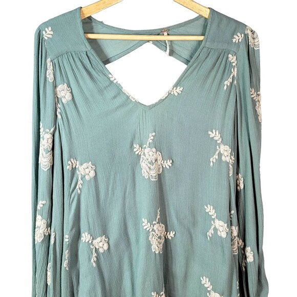 Free People Boho Dress Blue Green Small Lined Cut Out Floral Mini Emma Swing - Picture 2 of 7